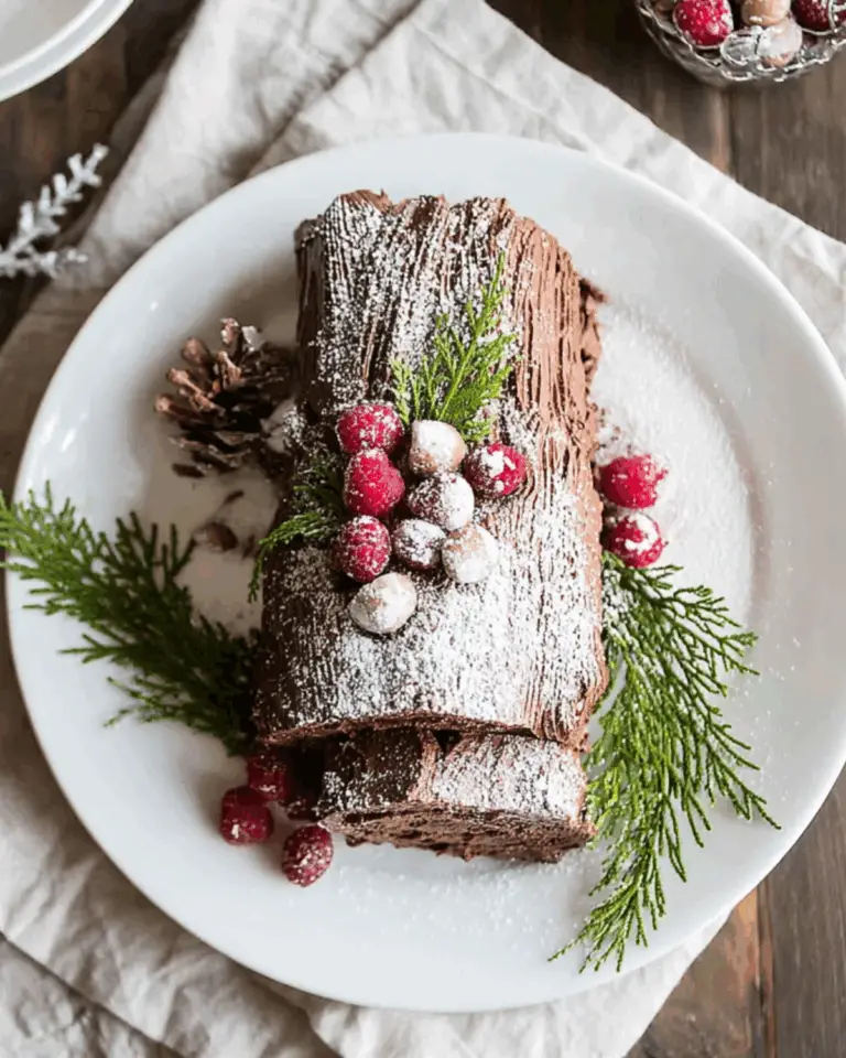 Traditional Chocolate Yule Log decorated with sugared cranberries, evergreen sprigs, and powdered sugar on a white plate.