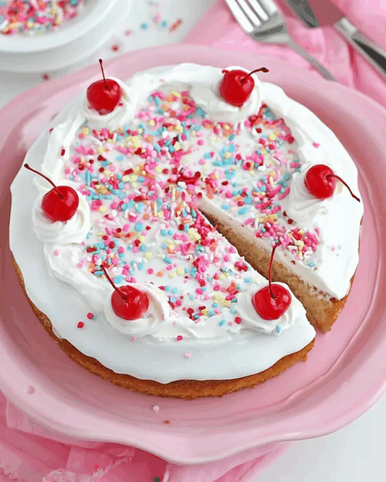 Vanilla Crazy Cake topped with white frosting, colorful sprinkles, and cherries on a pink cake stand.
