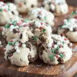 A batch of Wonderland Chocolate Chip Christmas Cookies topped with festive red, green, and white sprinkles on a wooden board.