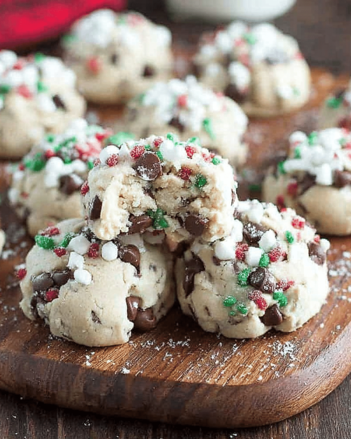 A batch of Wonderland Chocolate Chip Christmas Cookies topped with festive red, green, and white sprinkles on a wooden board.