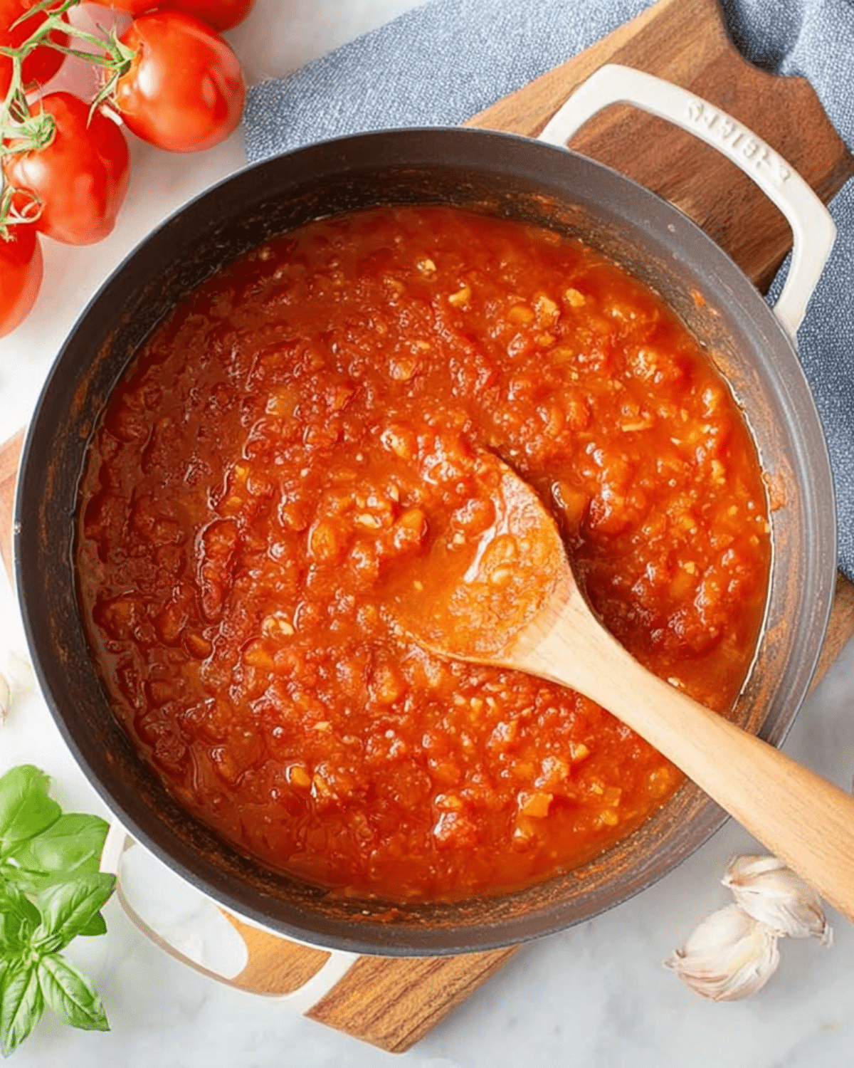 A pot filled with homemade tomato sauce being stirred with a wooden spoon, surrounded by fresh tomatoes, basil, and garlic.