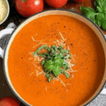 Tomato soup garnished with fresh basil and shredded cheese, surrounded by fresh tomatoes and basil leaves.