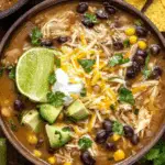 Bowl of 7 Can Chicken Taco Soup topped with shredded cheese, sour cream, avocado, lime, and cilantro.