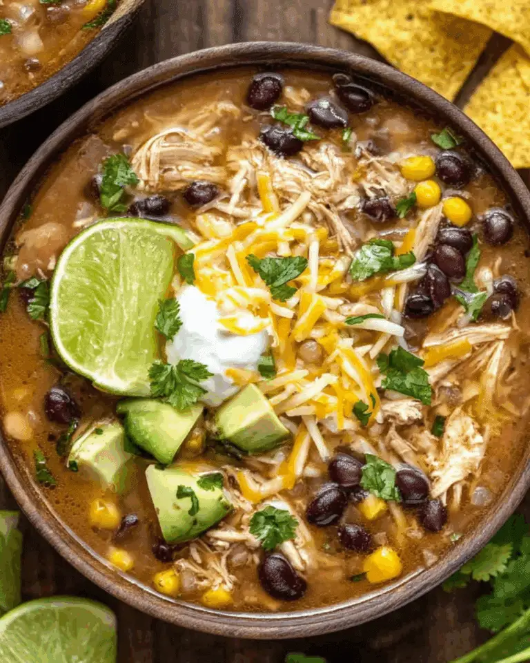 Bowl of 7 Can Chicken Taco Soup topped with shredded cheese, sour cream, avocado, lime, and cilantro.