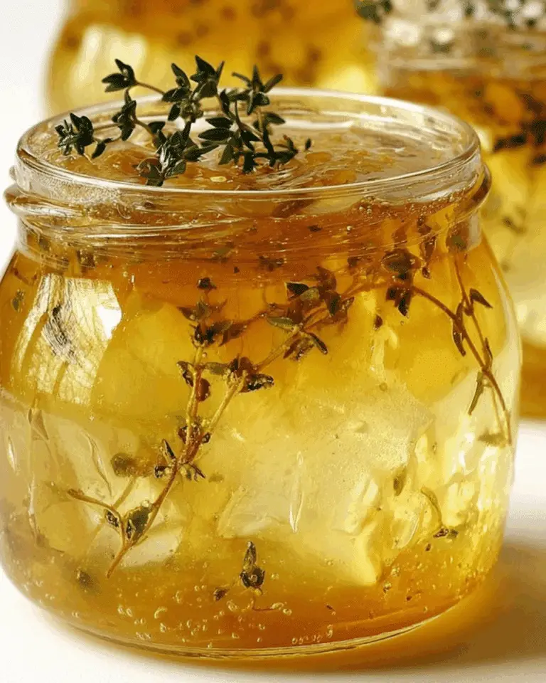 A glass jar of apple thyme jam filled with golden jelly, apple chunks, and fresh thyme sprigs.
