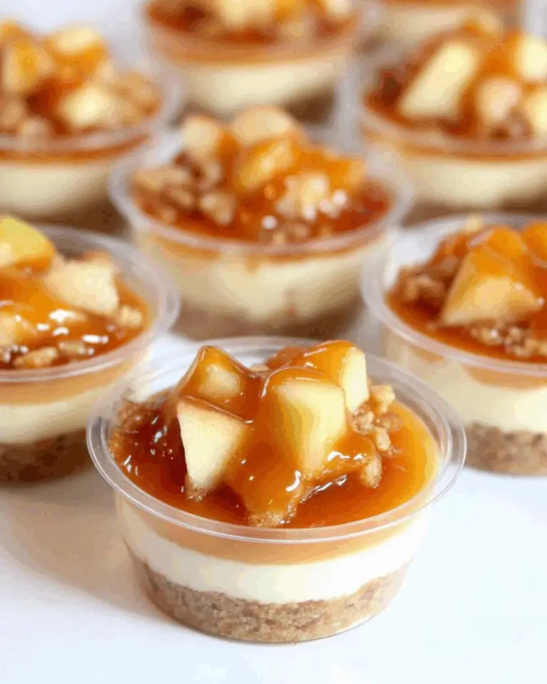 Individual CARAMEL APPLE DESSERT CUPS with layers of graham cracker crust, creamy filling, diced apples, and caramel sauce.