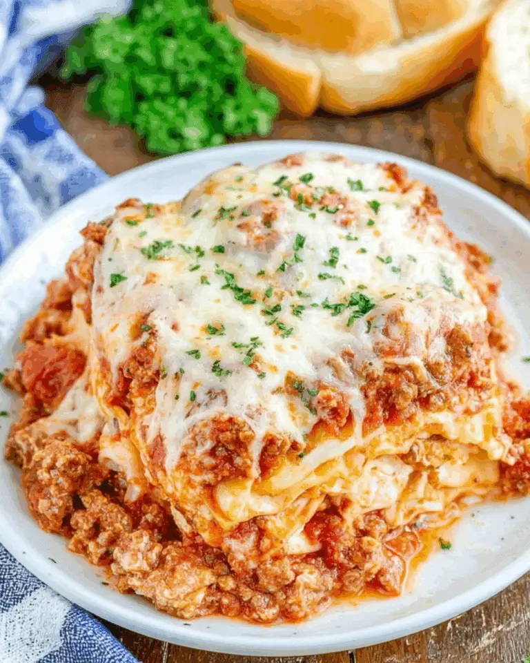 A hearty serving of crockpot lasagna topped with melted cheese and sprinkled with fresh parsley on a white plate.