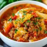 A bowl of hearty Cabbage Roll Soup filled with ground meat, cabbage, tomatoes, and fresh herbs.