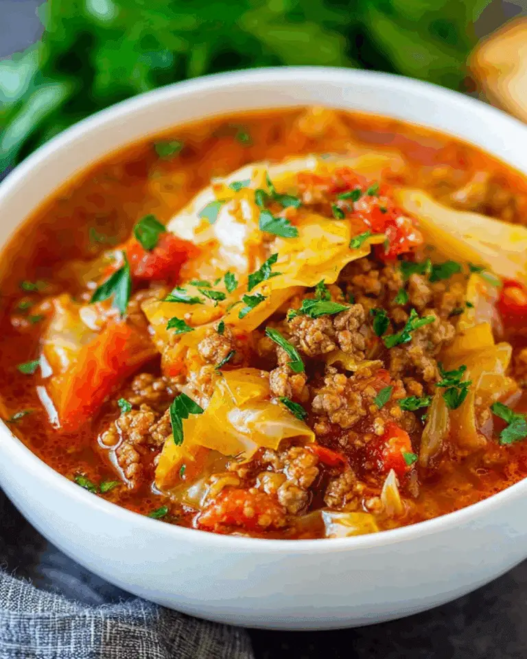 A bowl of hearty Cabbage Roll Soup filled with ground meat, cabbage, tomatoes, and fresh herbs.