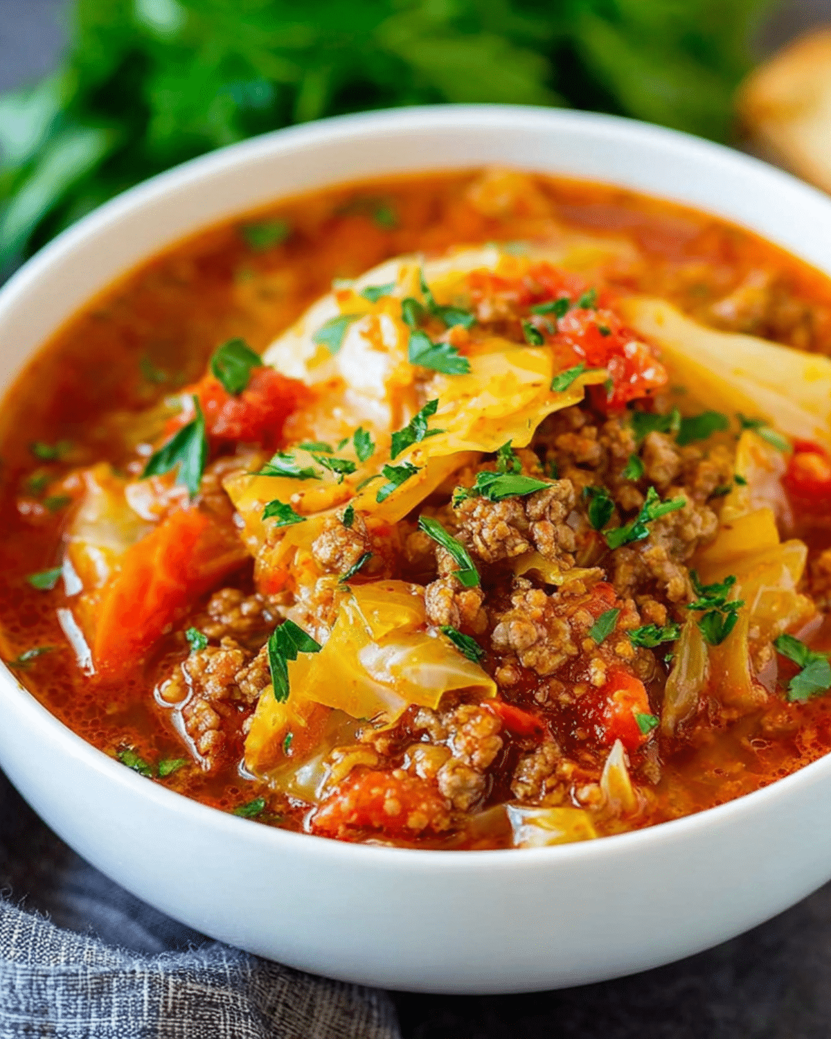 A bowl of hearty Cabbage Roll Soup filled with ground meat, cabbage, tomatoes, and fresh herbs.