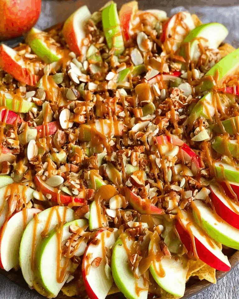 A plate of Caramel Apple Nachos topped with sliced red and green apples, caramel drizzle, chopped nuts, and almonds.