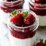 A jar of Cheesecake in a Jar with graham cracker crust, creamy cheesecake filling, and fresh strawberries with berry topping.