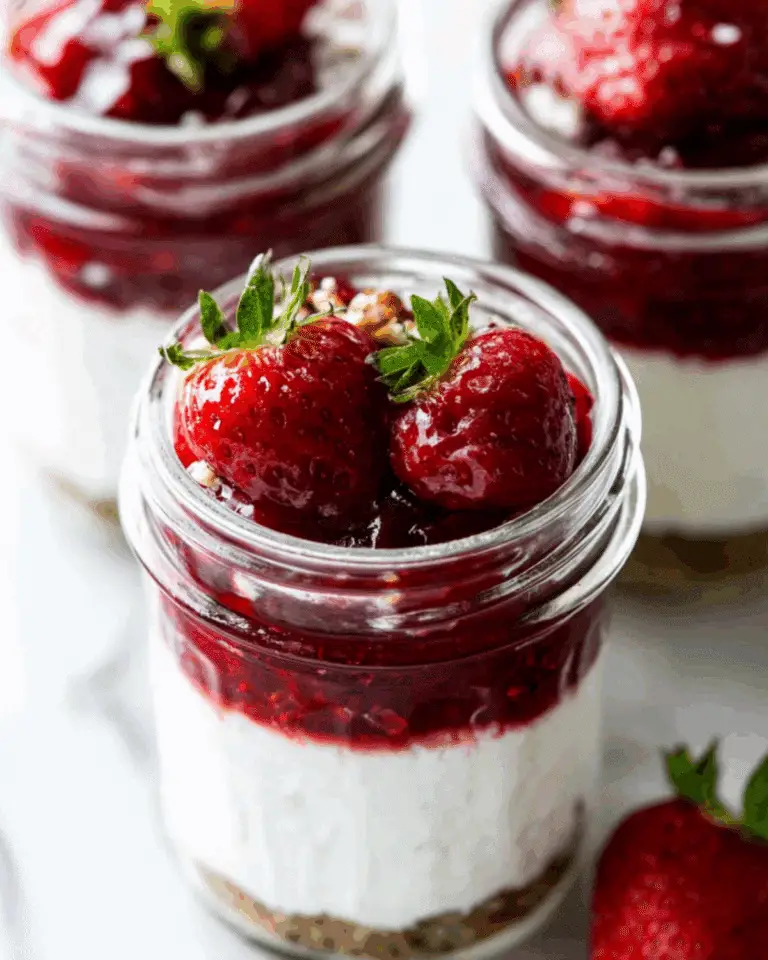 A jar of Cheesecake in a Jar with graham cracker crust, creamy cheesecake filling, and fresh strawberries with berry topping.