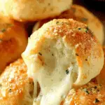 Golden-brown Cheesy Garlic Bombs with melted cheese stretching from the center, topped with garlic, herbs, and parmesan.