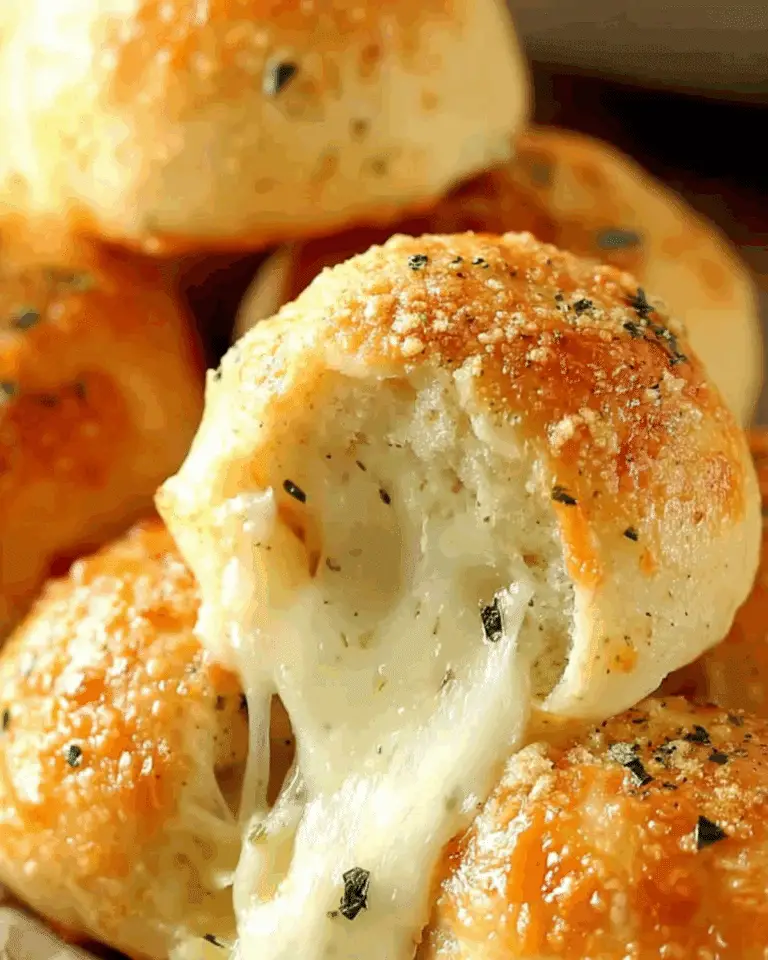 Golden-brown Cheesy Garlic Bombs with melted cheese stretching from the center, topped with garlic, herbs, and parmesan.