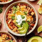 A bowl of Chicken Enchilada Chili topped with sour cream, sliced avocado, shredded cheese, tortilla chips, and fresh cilantro.