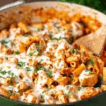 A skillet filled with cheesy chicken parmesan pasta, featuring rigatoni, marinara sauce, melted mozzarella, and fresh parsley.