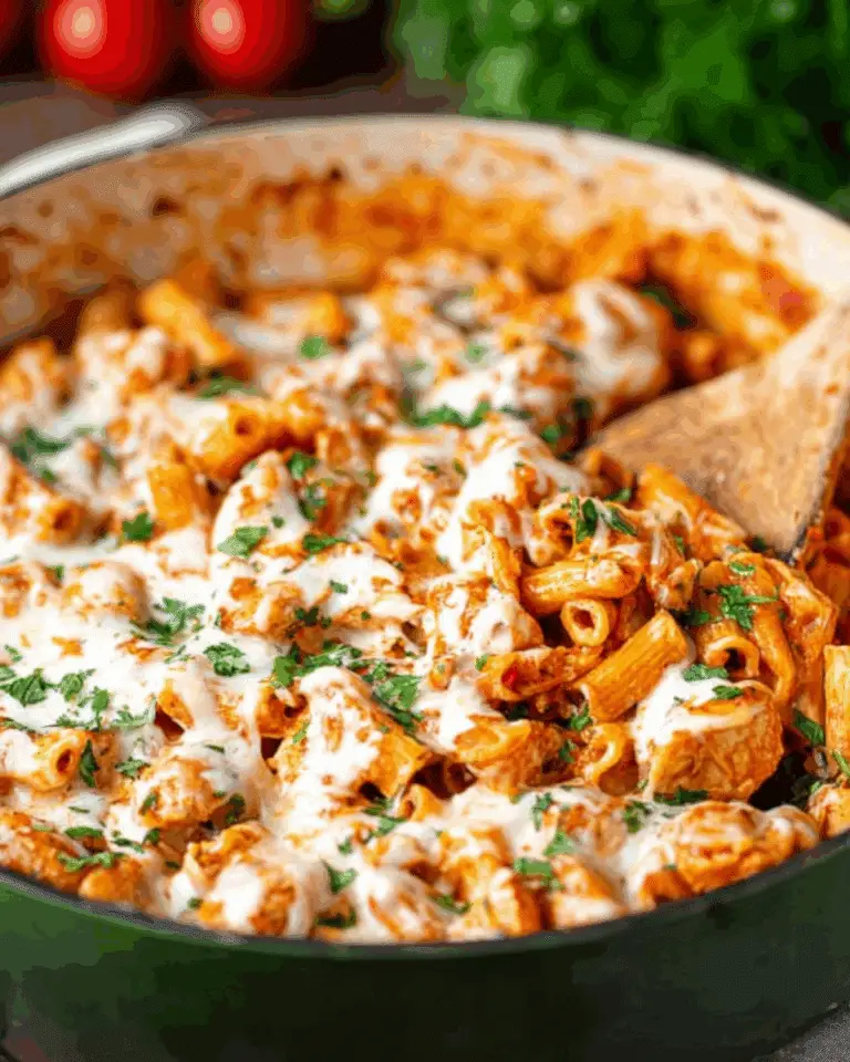 A skillet filled with cheesy chicken parmesan pasta, featuring rigatoni, marinara sauce, melted mozzarella, and fresh parsley.