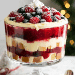 Christmas trifle layered with cake, custard, berry filling, and topped with fresh raspberries and blueberries.