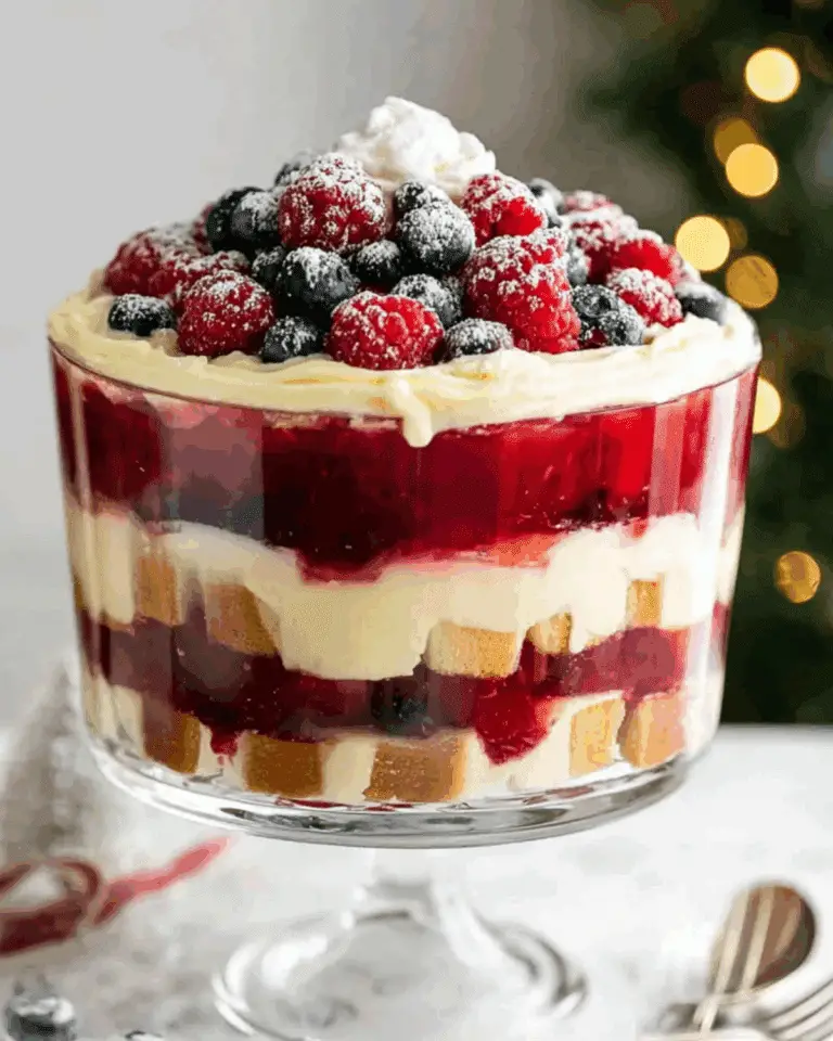 Christmas trifle layered with cake, custard, berry filling, and topped with fresh raspberries and blueberries.