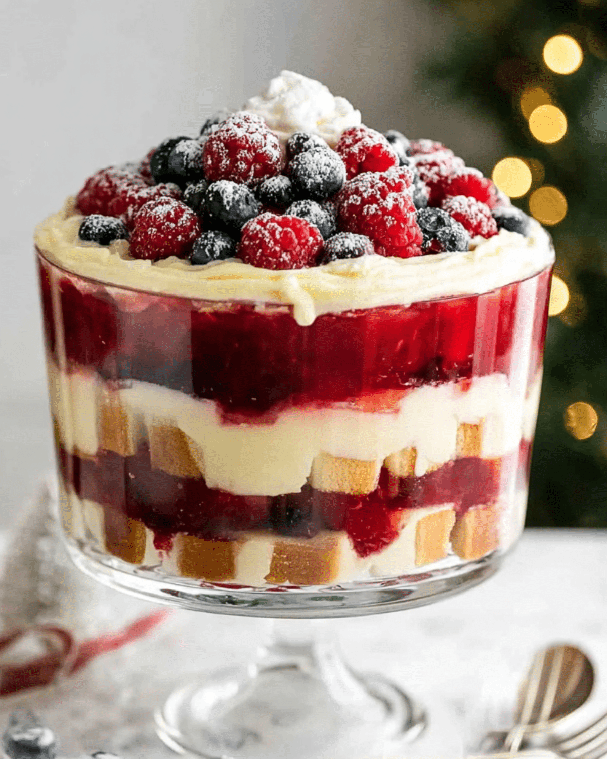 Christmas trifle layered with cake, custard, berry filling, and topped with fresh raspberries and blueberries.