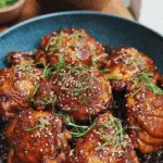 Plate of Coca-Cola chicken glazed in a sticky, caramelized sauce, topped with sesame seeds and fresh herbs.
