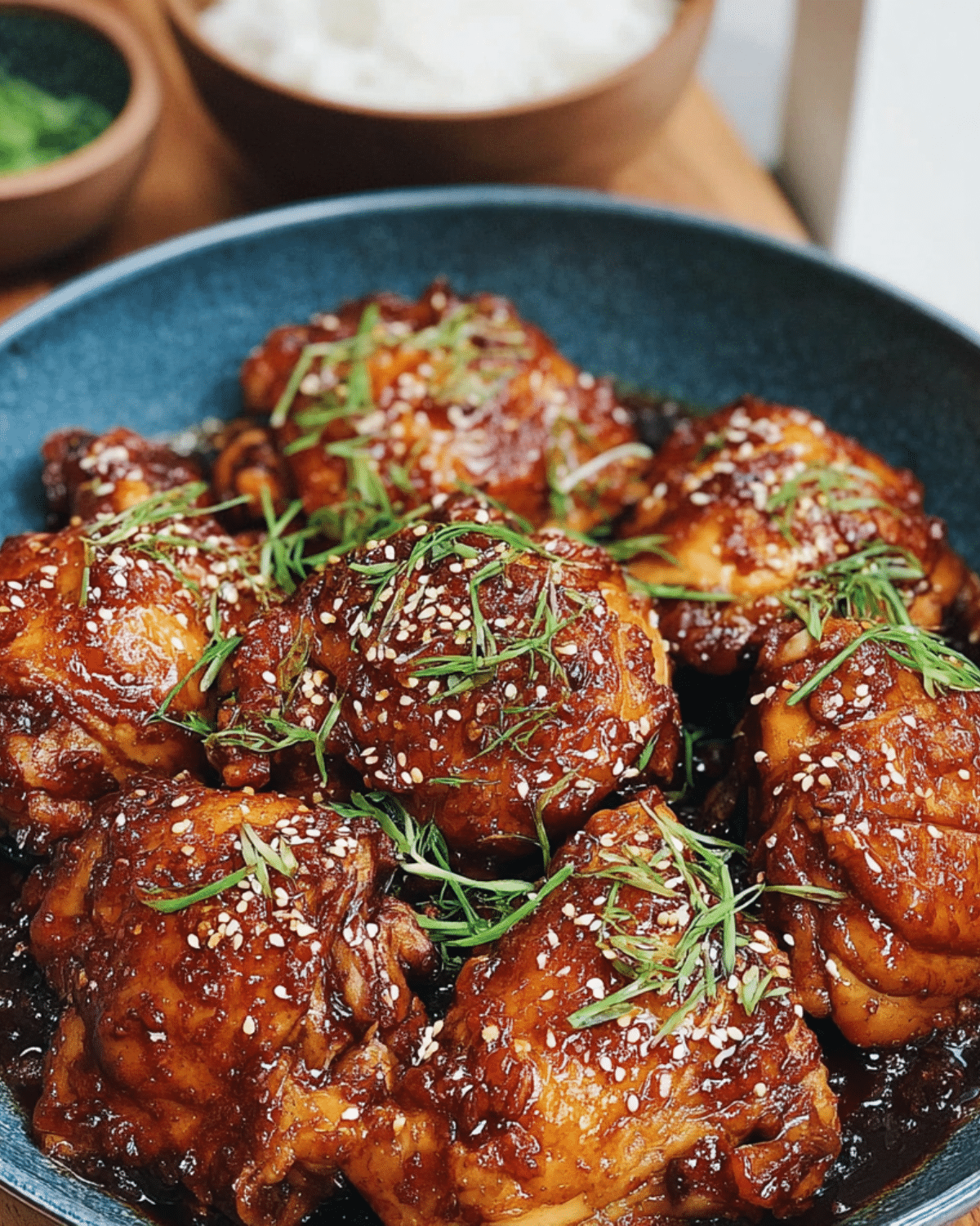 Plate of Coca-Cola chicken glazed in a sticky, caramelized sauce, topped with sesame seeds and fresh herbs.