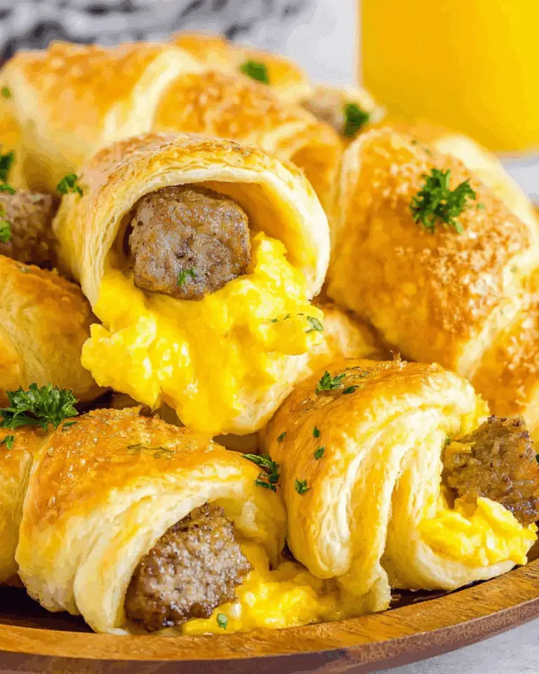Golden Crescent Roll Breakfast stuffed with scrambled eggs, sausage, and cheese, garnished with parsley on a wooden plate.