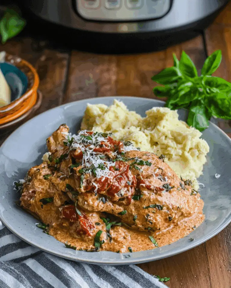 Crockpot Marry Me Chicken topped with sun-dried tomatoes and grated parmesan, served with creamy mashed potatoes on a gray plate.