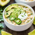 A bowl of Crockpot White Chicken Chili topped with sliced avocado, jalapeños, sour cream, and chopped cilantro.