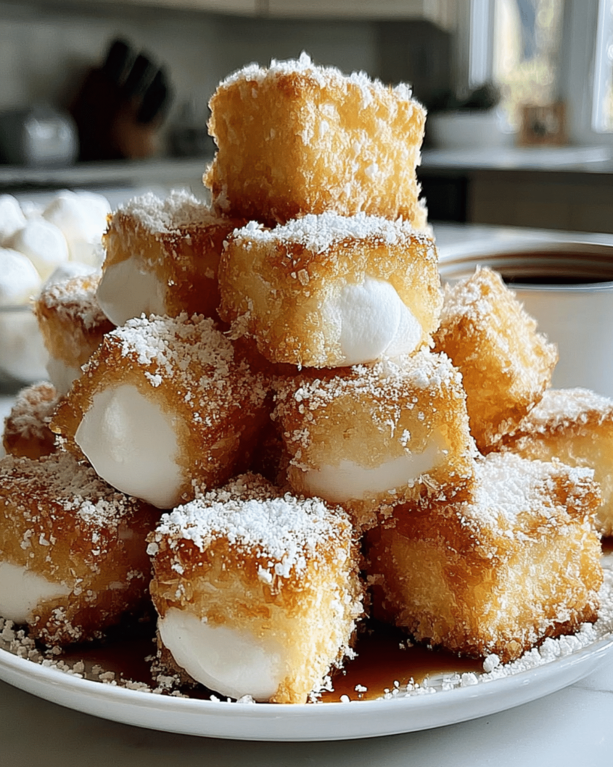 A plate stacked with golden-brown DEEP FRIED MARSHMALLOWS dusted with powdered sugar.