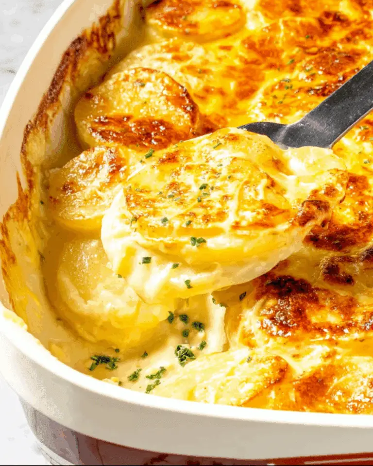Easy cheesy scalloped potatoes in a casserole dish with a golden, bubbly top being scooped out.