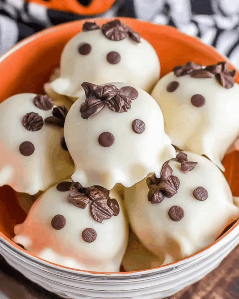Bowl filled with Ghost Oreo Balls decorated with white chocolate coating and chocolate chip eyes.