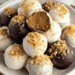 Plate of gingerbread truffles coated in white and dark chocolate, sprinkled with cookie crumbs, with one truffle cut open to reveal a spiced gingerbread filling.