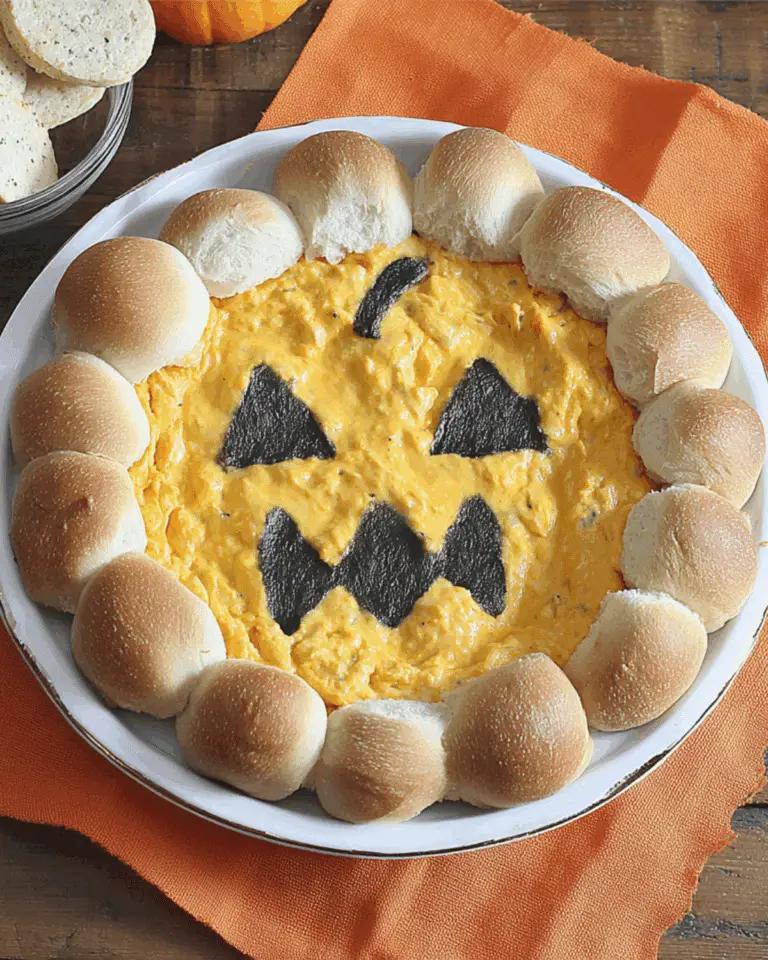 A festive dish of Halloween buffalo chicken dip decorated with a jack-o’-lantern face, surrounded by pull-apart bread rolls.