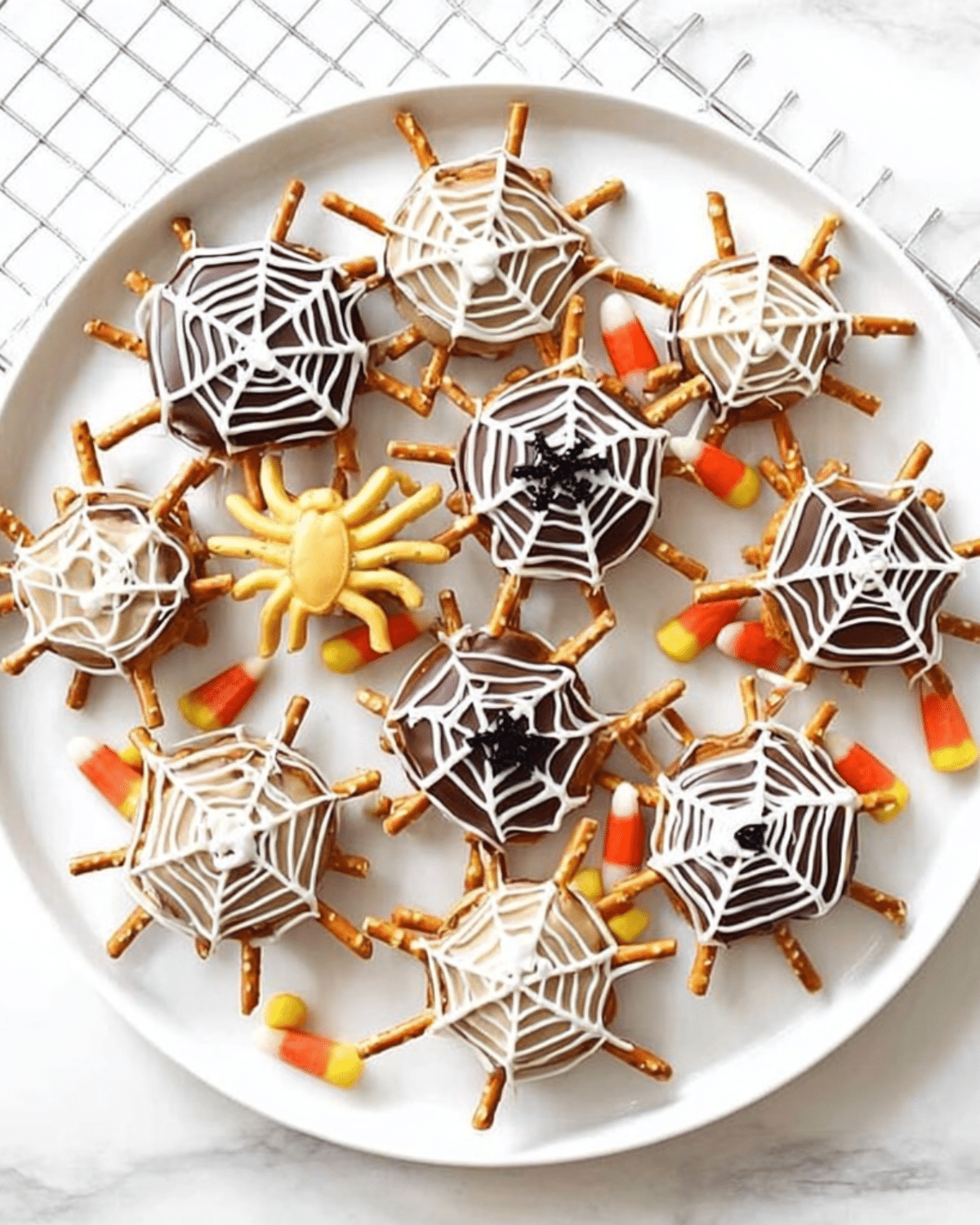 A plate of Halloween Chocolate Pretzel Spider Webs decorated with white icing webs, pretzel legs, and candy corn.