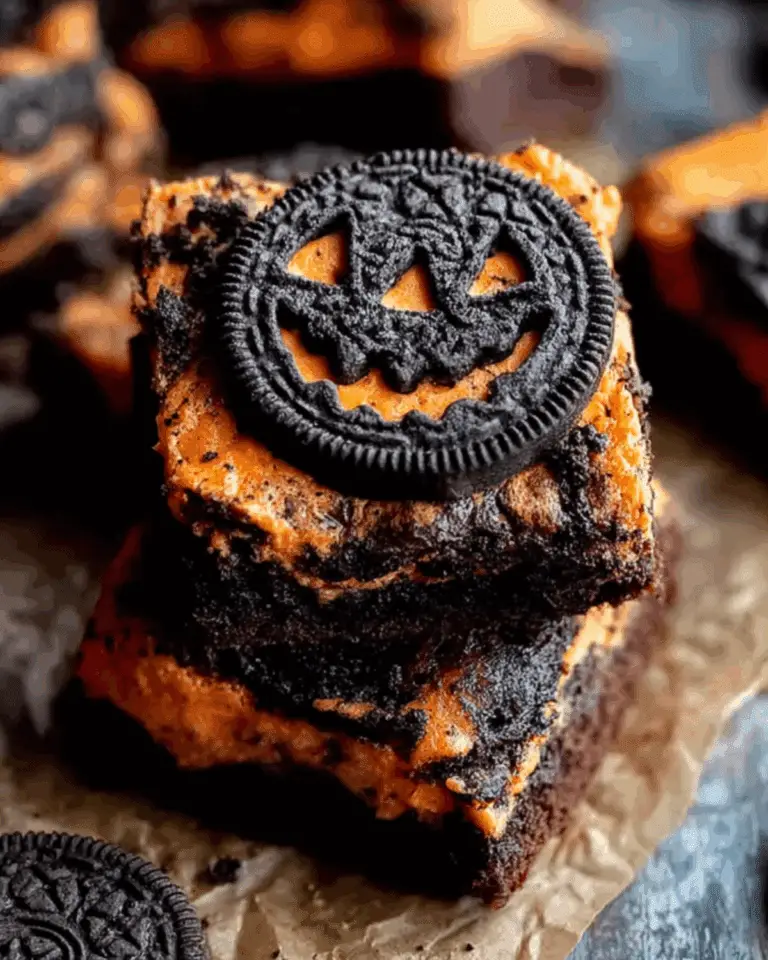 Stacked Halloween Oreo brownies with a festive jack-o’-lantern Oreo on top and swirls of orange cream in rich chocolate layers.
