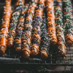 Chocolate-dipped Halloween Pretzel Rods decorated with orange drizzle and colorful sprinkles on a cooling rack.