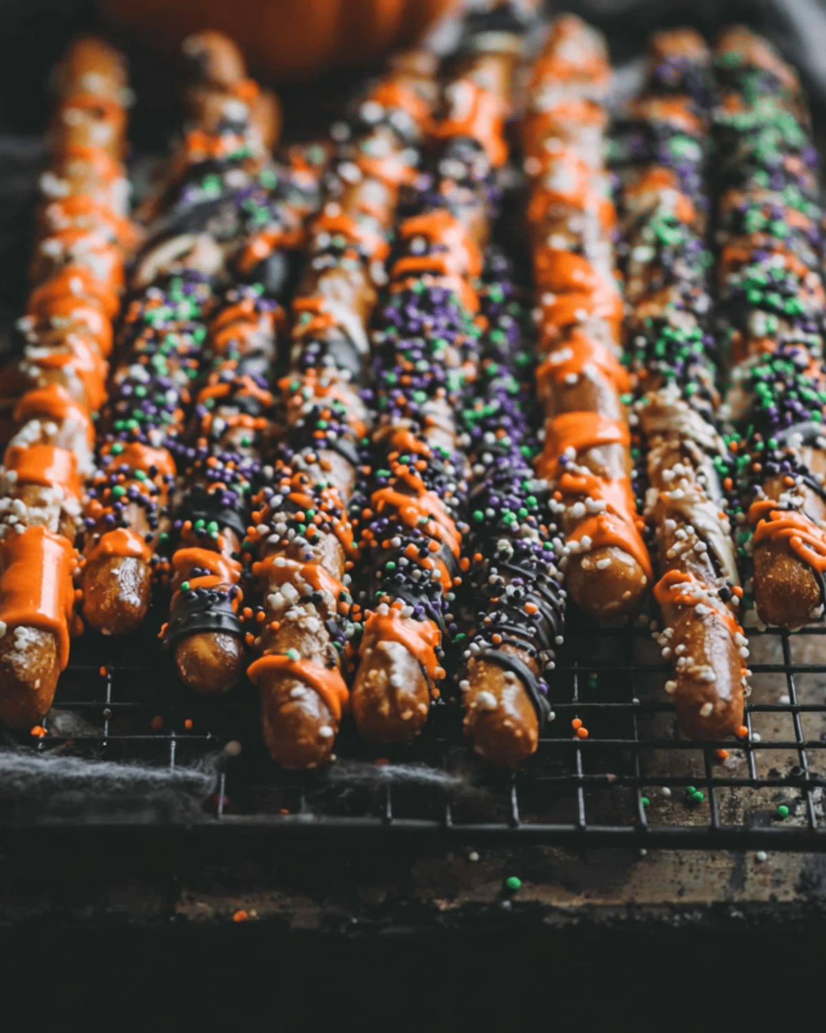 Chocolate-dipped Halloween Pretzel Rods decorated with orange drizzle and colorful sprinkles on a cooling rack.