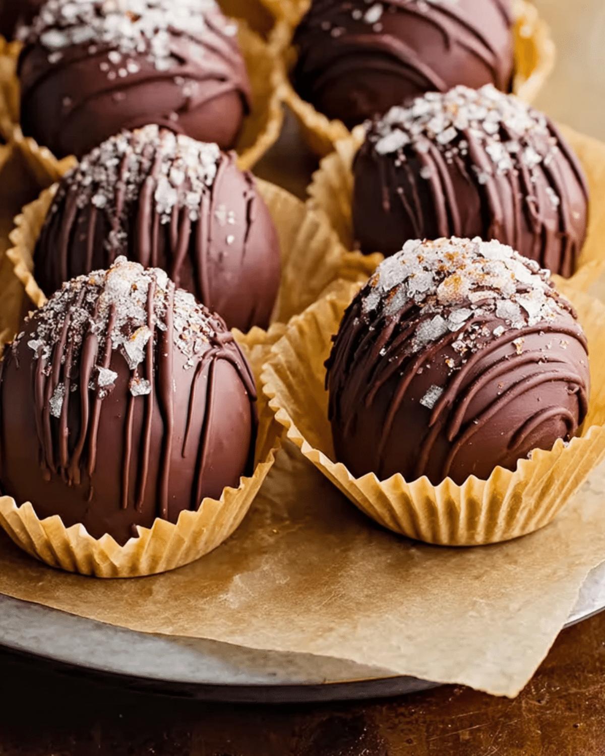 Hot chocolate bombs coated in dark chocolate, drizzled with chocolate, and sprinkled with sugar crystals, displayed in paper wrappers.