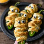 A jalapeño popper wrapped in golden puff pastry strips to resemble a mummy, complete with candy eyes, with more jalapeño popper mummies on a plate in the background.
