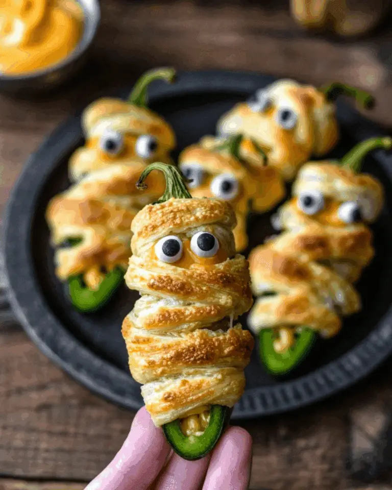 A jalapeño popper wrapped in golden puff pastry strips to resemble a mummy, complete with candy eyes, with more jalapeño popper mummies on a plate in the background.