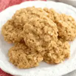 A plate of chewy No Bake Peanut Butter Cookies made with oats and creamy peanut butter, served on a white dish.