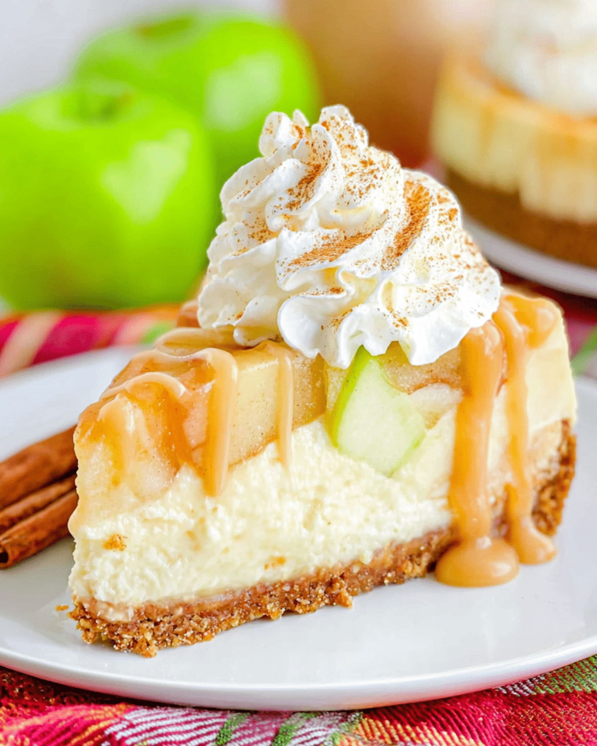 A slice of No Bake Apple Cheesecake topped with whipped cream, caramel drizzle, and cinnamon, served on a white plate.