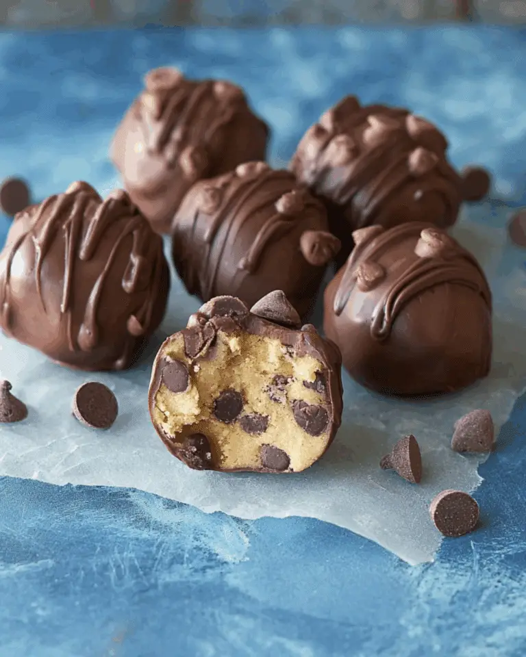 Close-up of No Bake Chocolate Chip Cookie Dough Truffles coated in chocolate, with one truffle cut open to reveal the cookie dough center filled with chocolate chips.