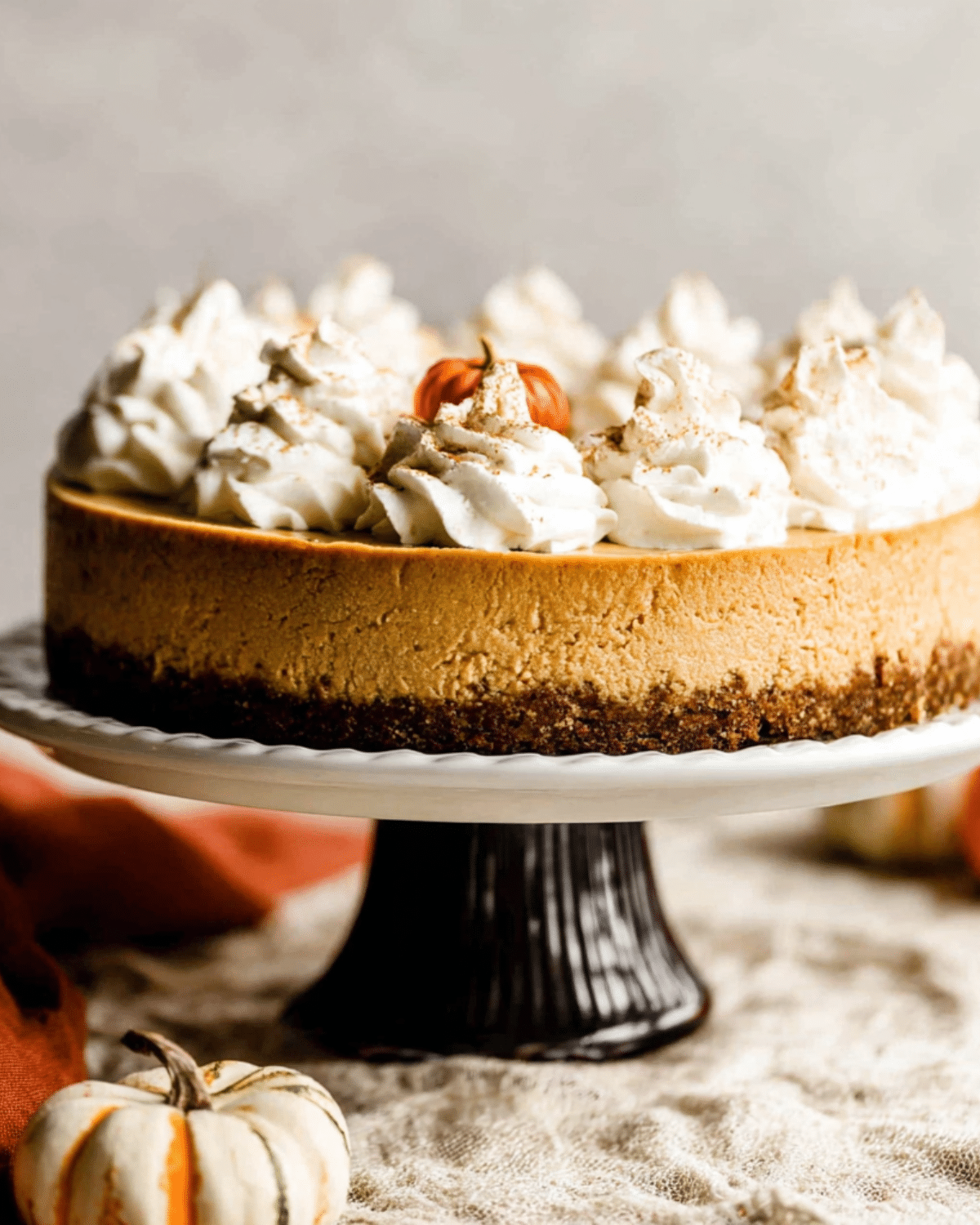 A No Bake Pumpkin Cheesecake topped with whipped cream swirls and a mini decorative pumpkin, displayed on a cake stand.