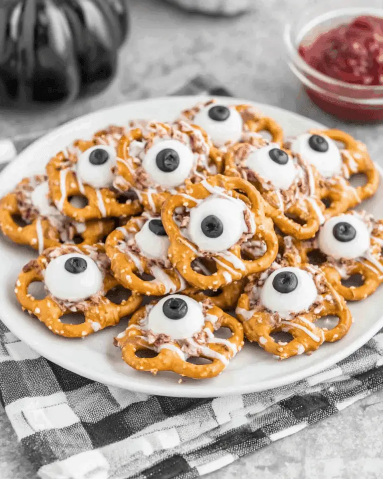 A plate of Pretzels Monster Eyeballs made with pretzels, white chocolate, and candy eyeballs topped with black centers.