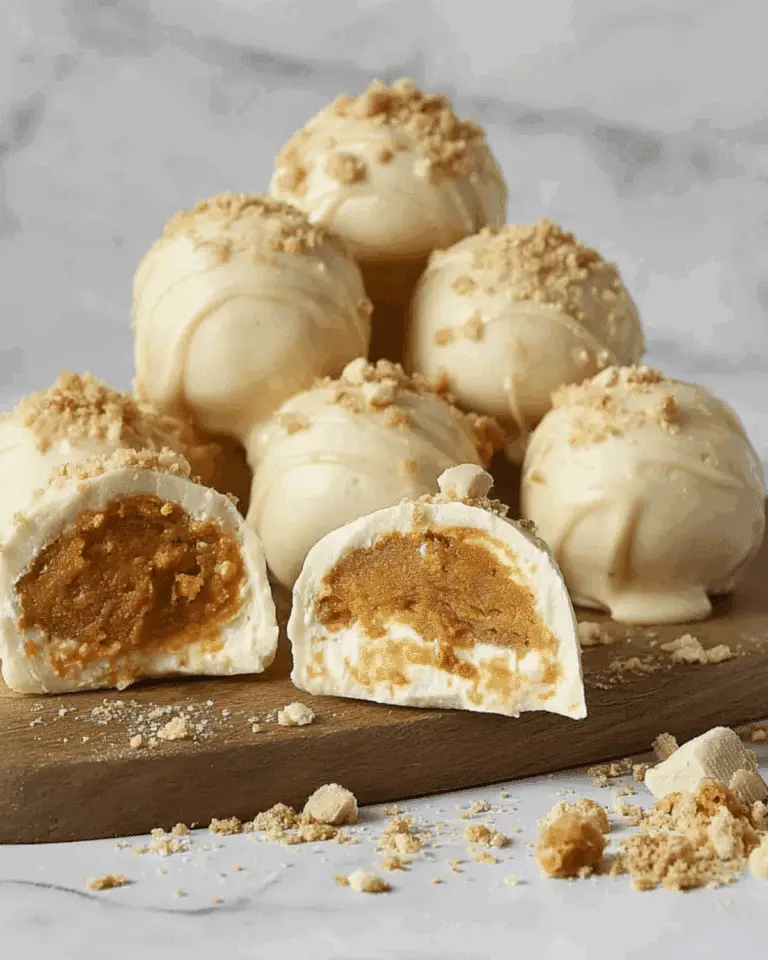 Pumpkin cheesecake balls coated in white chocolate and sprinkled with crushed graham crackers, with one cut open to reveal a creamy pumpkin center.