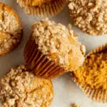 Pumpkin Coffee Cake Muffins topped with crumbly streusel, arranged on a light surface.
