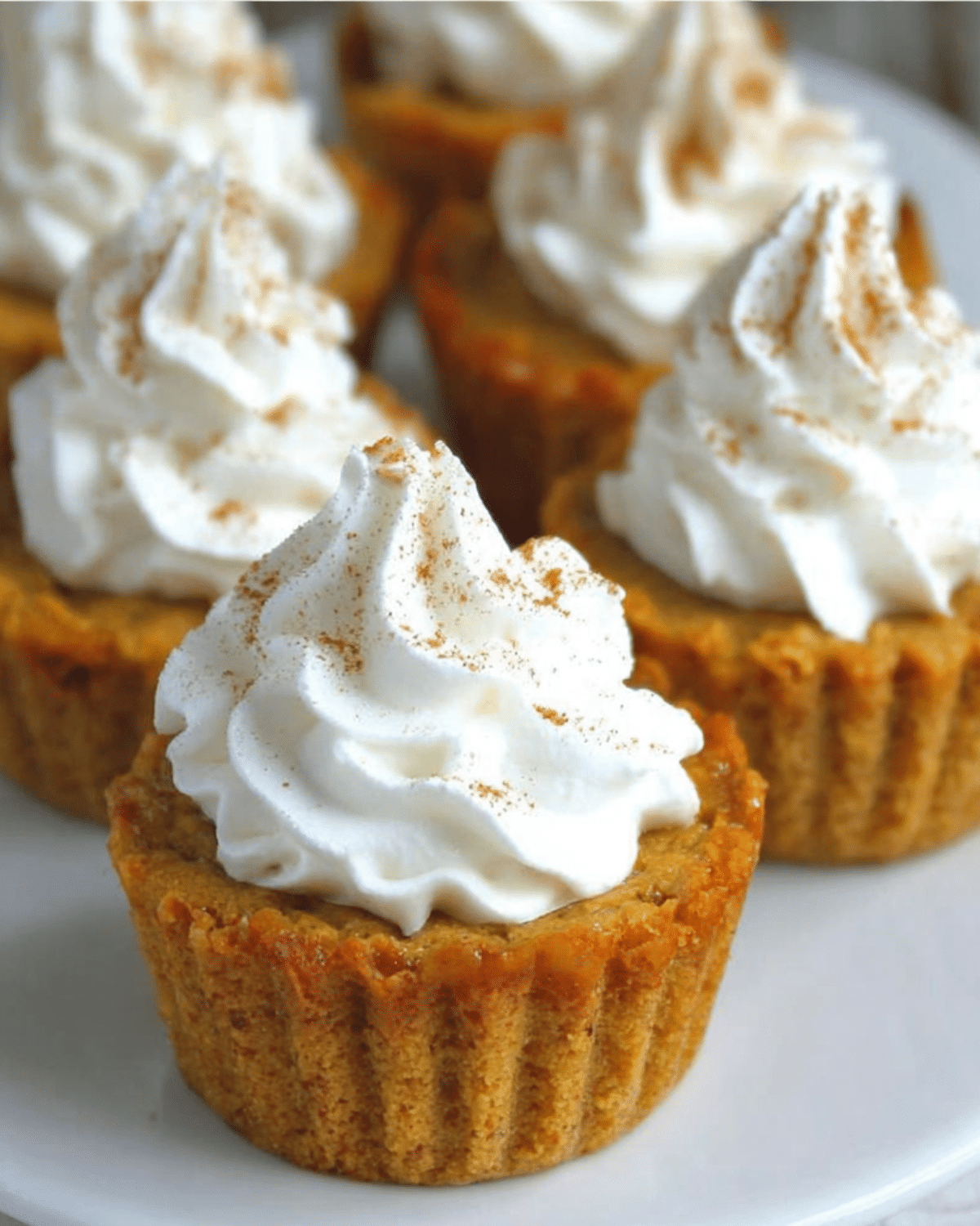 Pumpkin pie cupcakes topped with swirls of whipped cream and sprinkled with cinnamon, served on a white plate.